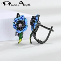 black angel 925 sterling silver blue enamel cornflower flower gemstone clip earrings for women fashion jewelry christmas gift