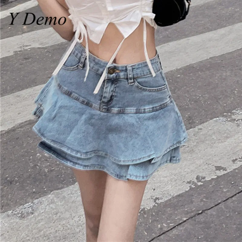 

Y демо гранж уличная джинсовая юбка Для женщин оборками пуговицы нерегулярные длинный женский Высокая Талия Юбки формы А новые летние
