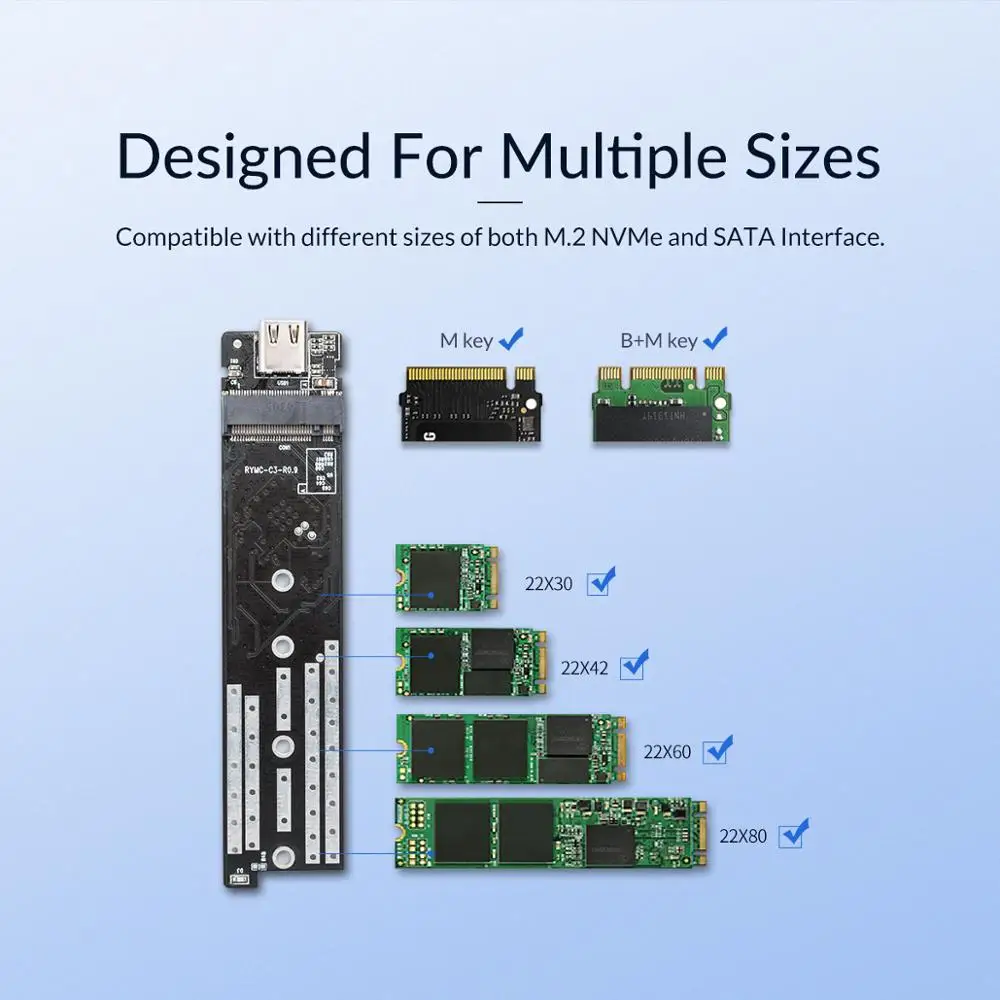 Чехол ORICO M2 Dual Protocol M.2 SSD Поддержка NVME NGFF SATA диск для PCIE M Key B + USB C 10 Гбит/с Корпус
