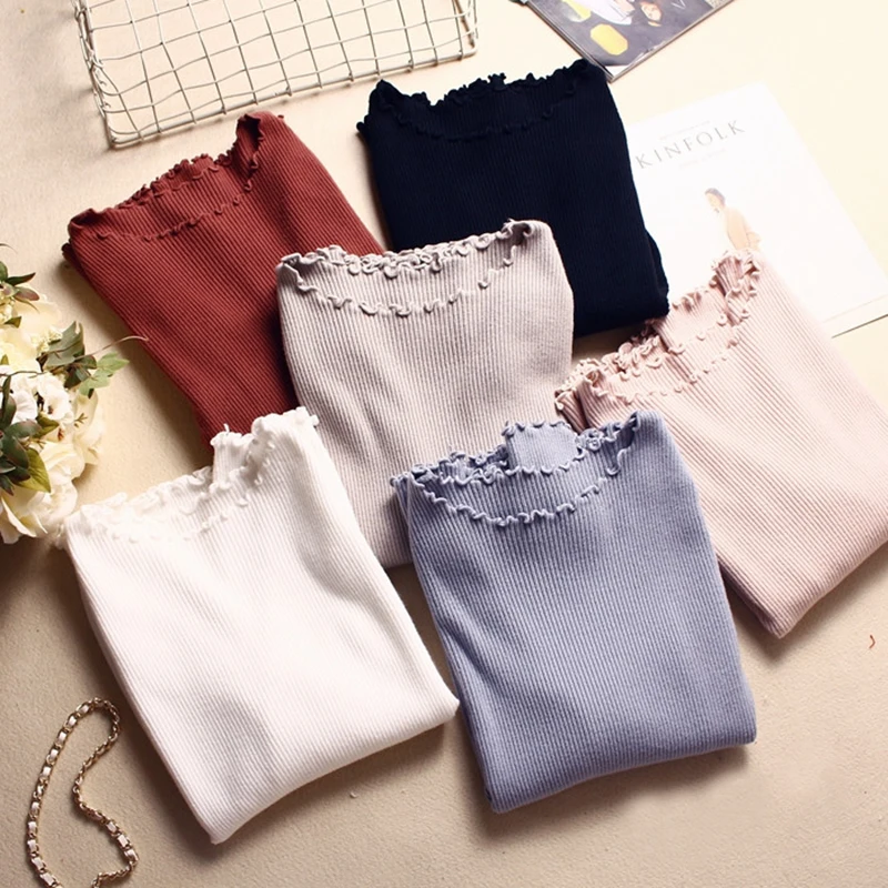 

Пуловер, женский, зимний трикотажный топ с круглым вырезом и оборками, 2021