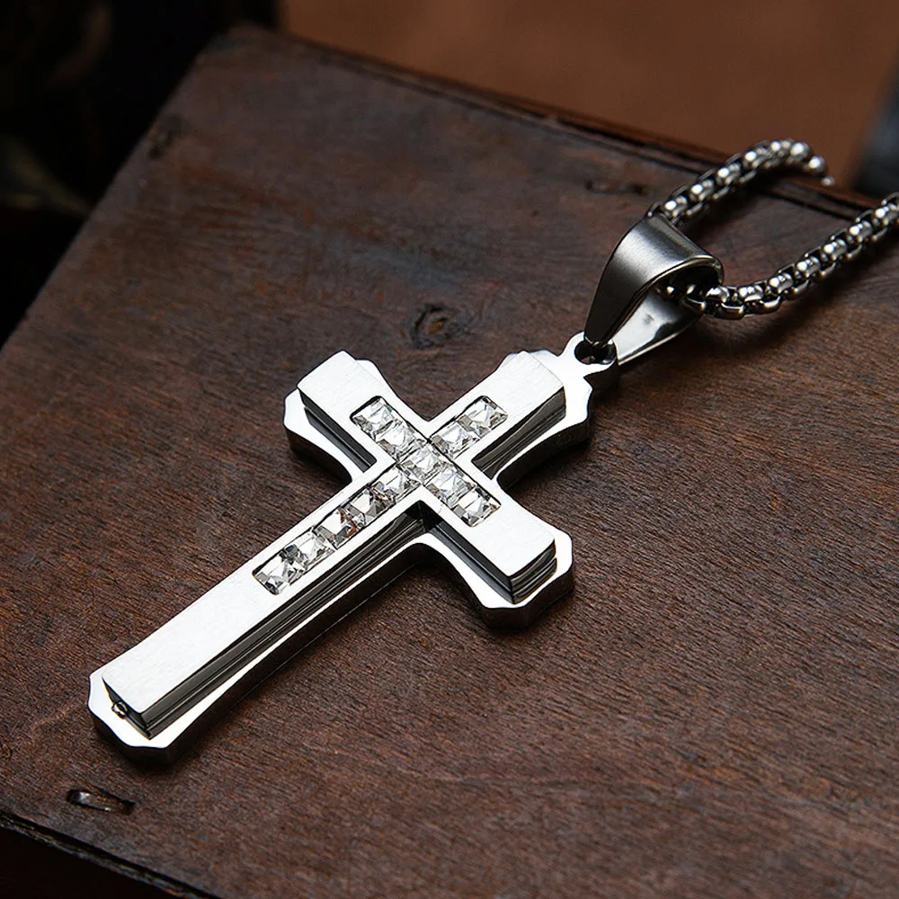 

Stainless Steel Diamond Cross Pendant Necklace Punk Hip Hop Christian Chain Amulet Men's Fashion Jewelry Gift Wholesale