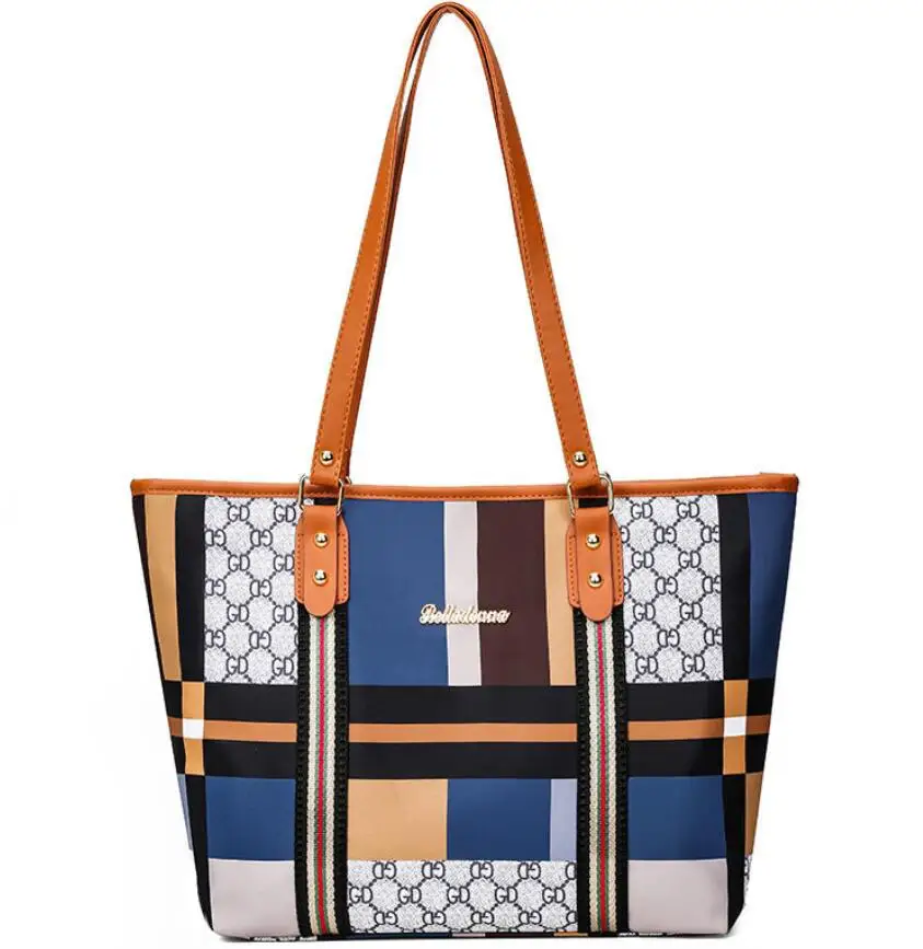 

2021 New Women's Bag Contrast Check Bag Oxford Casual Handbag New women's Shoulder Bag Simple Travel Bag Fashion Tote Bag