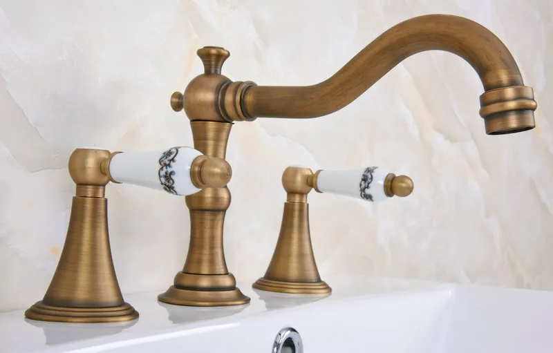Vintage Retro Antique Brass Deck Mounted Dual Handles Widespread Bathroom 3 Holes Basin Faucet Mixer Water Taps man085 | Обустройство