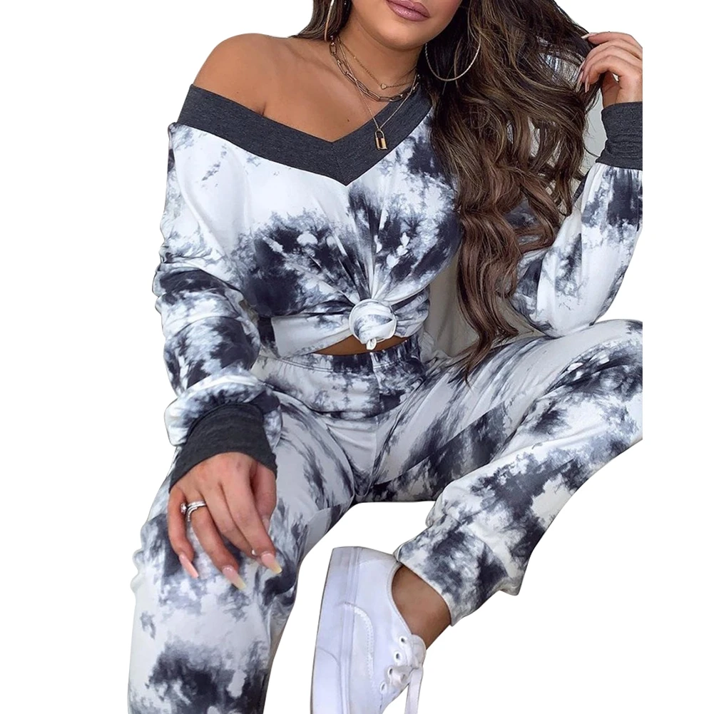 

Women Tie-dye Print Outfits Long Sleeve V-neck T-shirt High Waisted Trousers Casual Style Clothes Set