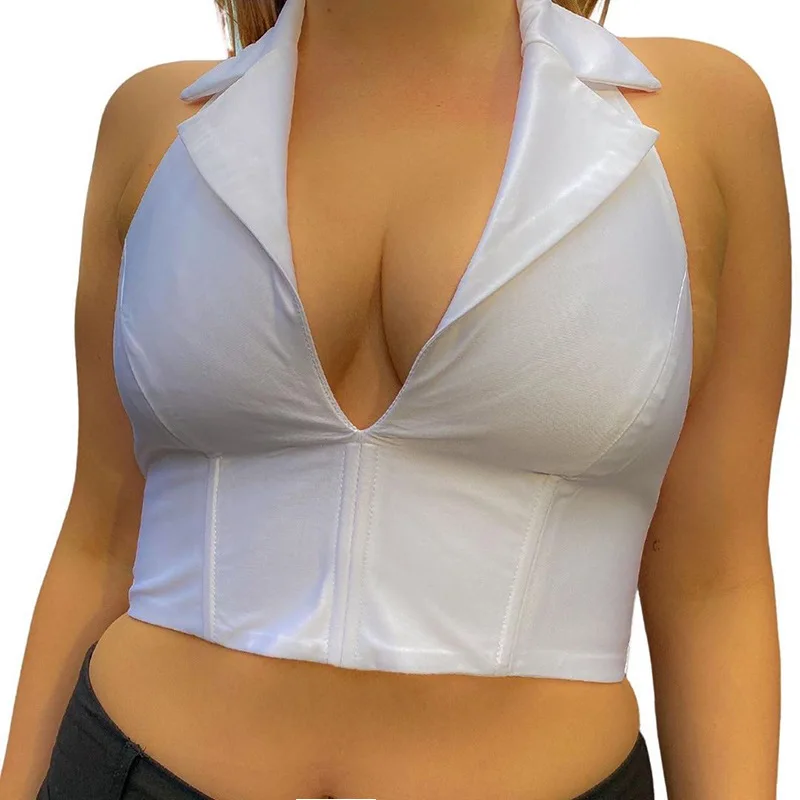 

90s Vintage Female Sexy T-Shirts Deep V Neck Turn Down Collar Tee Sleeveless Crop Shirts Y2k Girl Indie Aesthetic Party Women