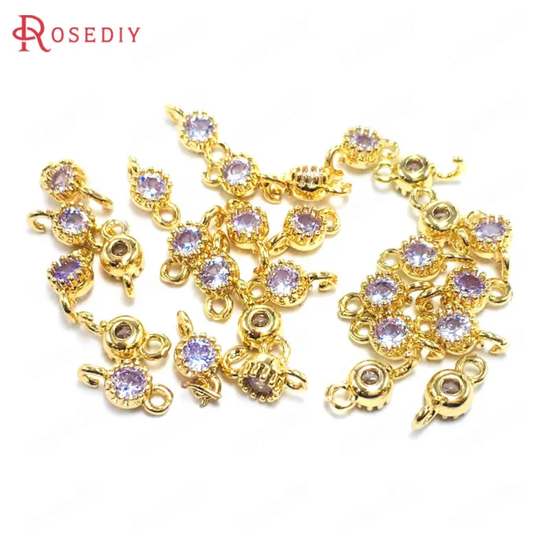 

(38362)10PCS 4MM 24K Champagne Gold Color Brass and Zircon 2 Holes Round Connect Charms Pendants Jewelry Findings Accessories