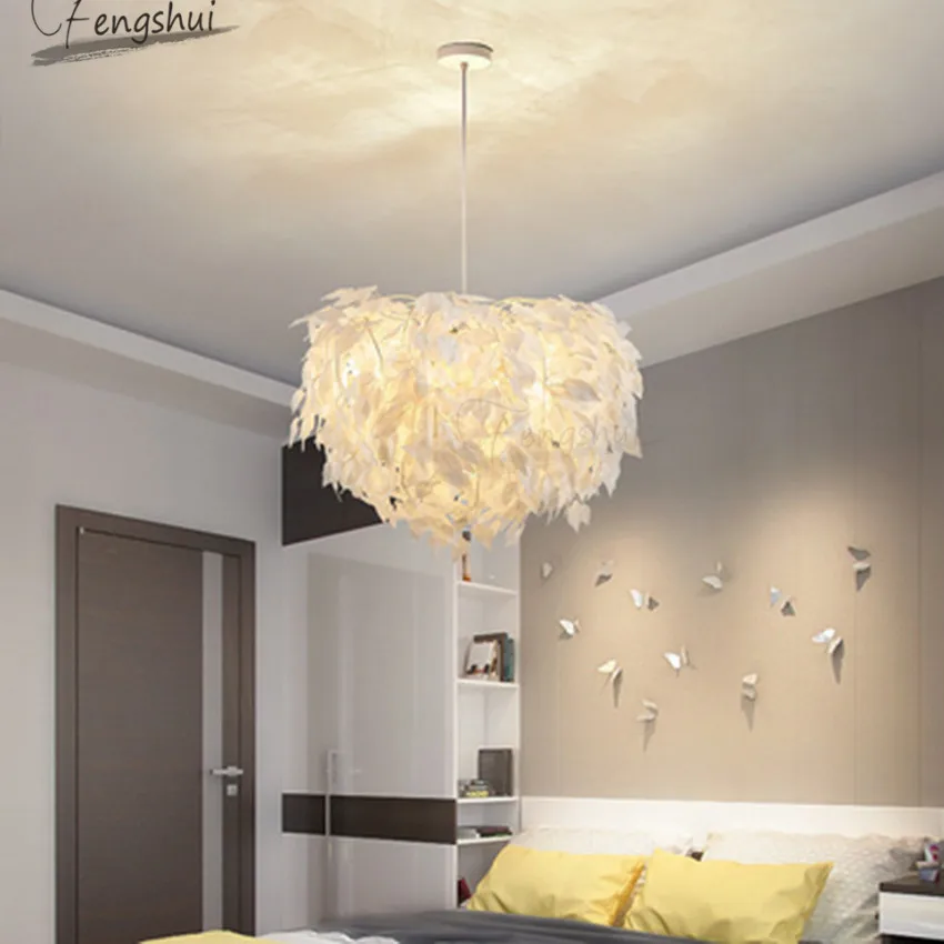 

Modern Creative LED Pendant Lamp Nordic Living Room Feather Leaves Pendant Lights Fixture Dining Room Bedroom Bedside Decor Lamp