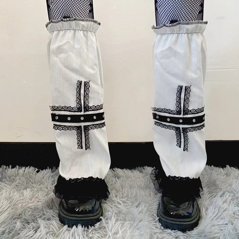 Y2k kız deliği yama Ninja ayak koruyucu beyaz gotik kadınlar çapraz dantel sokak bacak ısıtıcısı kore Punk Cosplay koyu Goth çorap