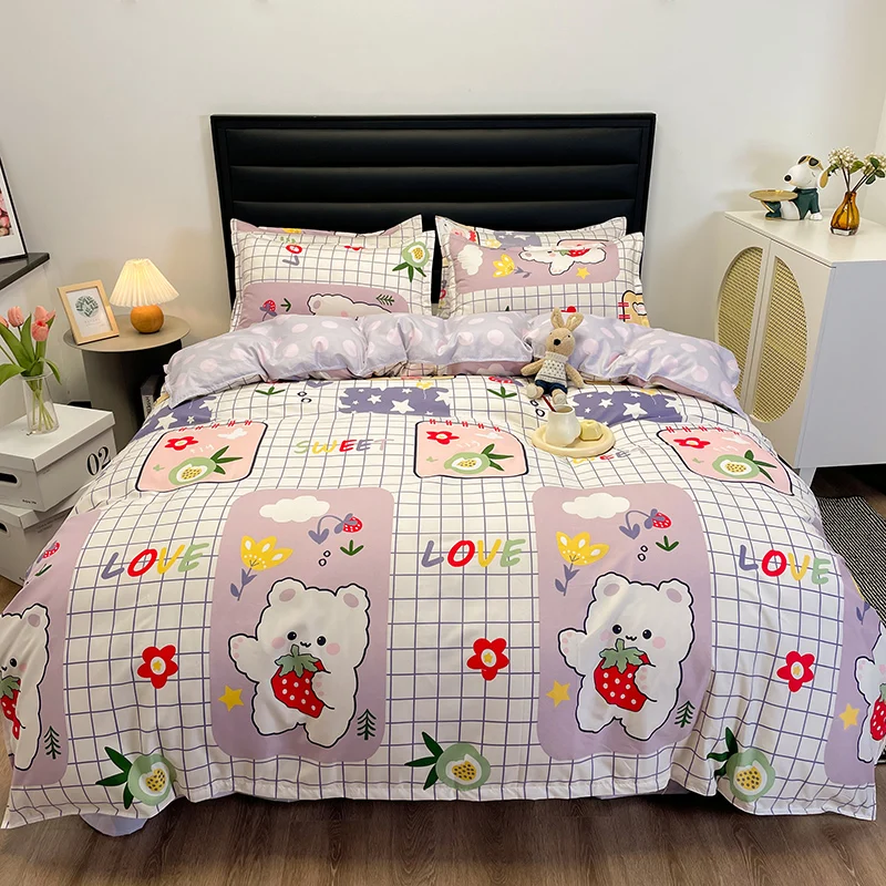 

3/4pcs Cute Strawberry Bear Bedding Set Kawaii Twin Full Queen King Size Bedroom Quilt Duvet Cover Bed Sheet With Pillow Case