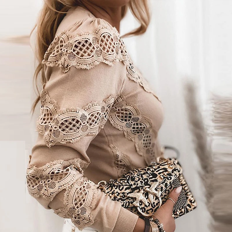 

Hollow Out Lace Stripe Sequins Patchwork Blouse cotton Casual O Neck Hedging Tops New Fashion Spring Autumn Women Office Blouses