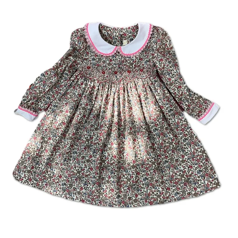 

New Spring Autumn Kids Red Floral Printed Peter Pan Collar Handmade Smock Belt Lace Girls 3-7yrs Full-sleeved Cotton Dresses
