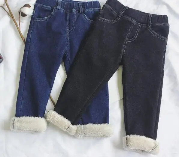 2019 новые зимние джинсы для девочек Теплые детские штаны с эластичной резинкой на