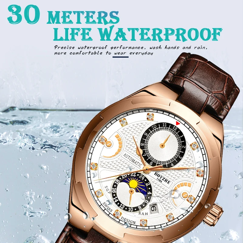 Часы BOYZHE Moonphase мужские Роскошные автоматические водонепроницаемые спортивные