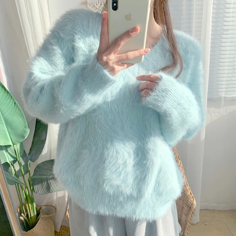 

Solid Color Long Sleeve Sweater Loose 2021 Autumn Winter New thickened mink hair V-neck Pullover Knitted Sweater Women's 513F