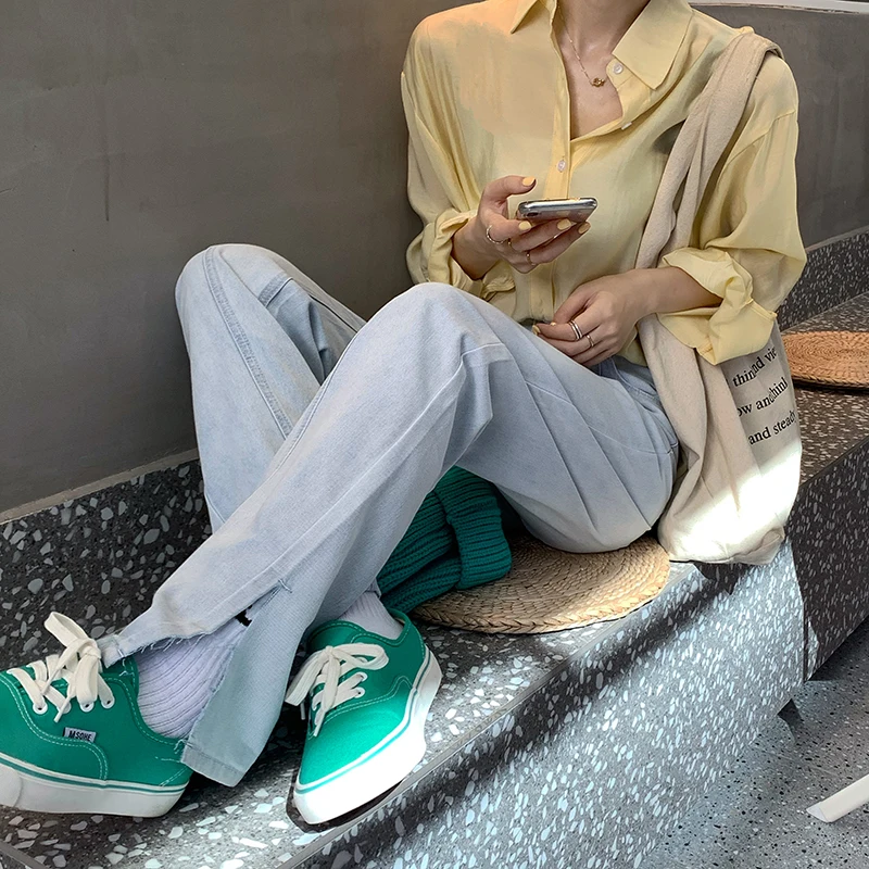 

WAZAHIKI Spring Fashion Women Denim Jeans High-waist Straight Jeans for Women Side Split Jeans Vintage Female Long Loose Pant
