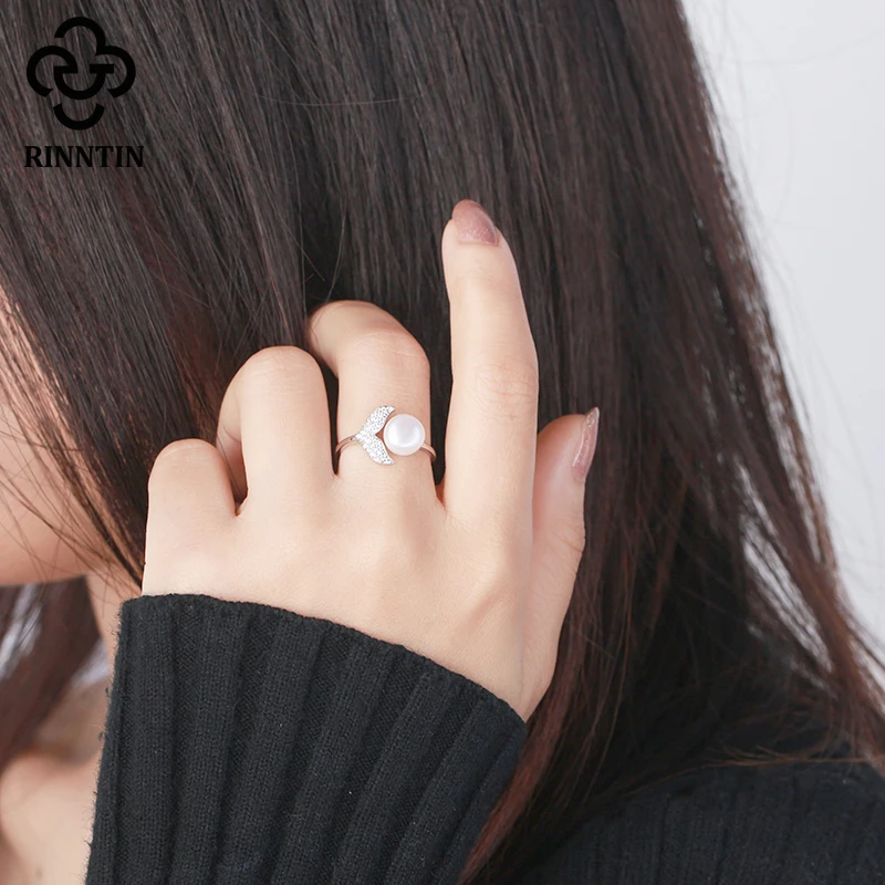 

Rinntin Fashion Mermaid Tail Open Finger Rings 925 Silver Freshwater Pearl Ring for Women Adjustable Band Original Jewelry GPR01