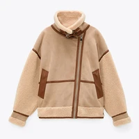 winter women thick warm vintage patchwork suede lambswool biker jackets coat chic loose faux leather outwear top female overcoat
