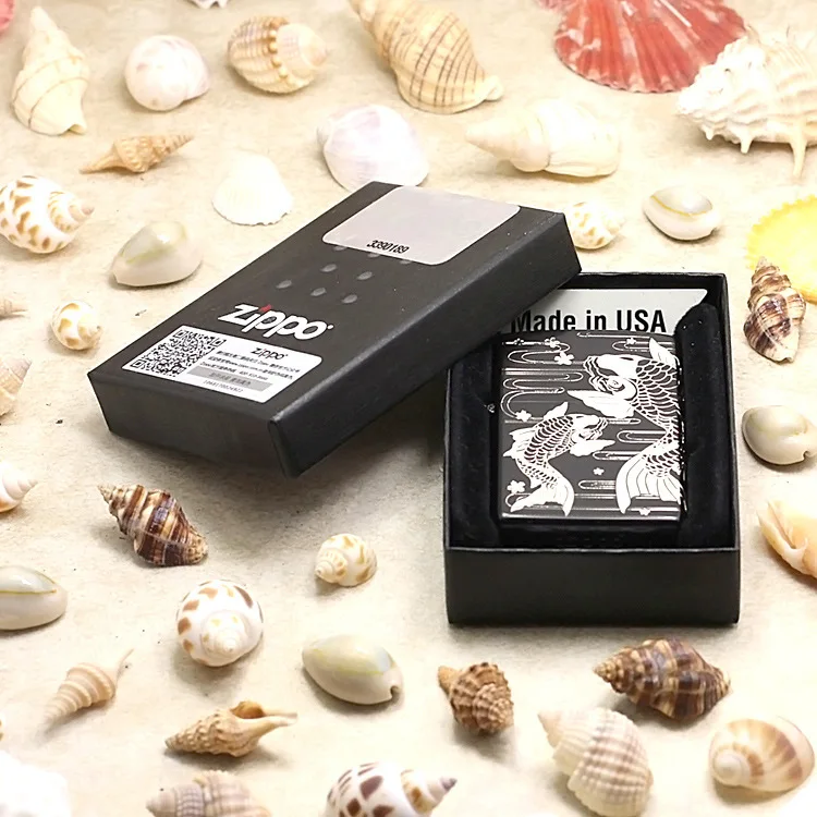 

Genuine Zippo oil lighter copper windproof black Carp fish cigarette Kerosene lighters Gift With anti-counterfeiting code