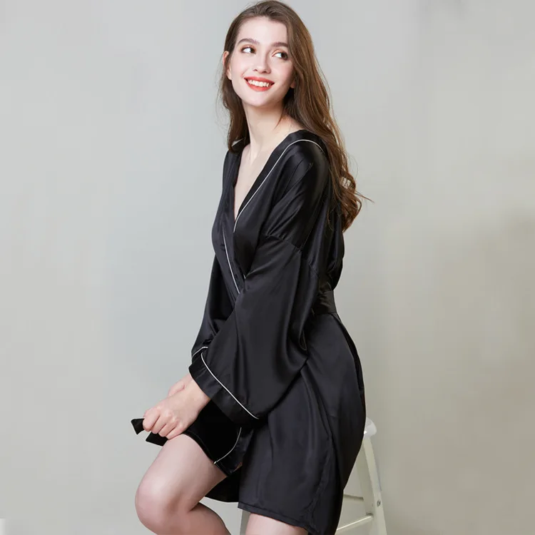 

Pajamas Hot Selling Plus Size Imitation Silk Nightgown Women Summer Long-Sleeved Dressing Gown Ice Silk Bathrobe Home Wear