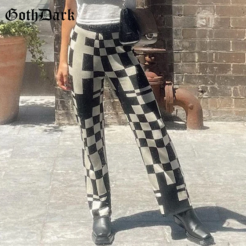 

Goth Dark Knitted Plaid Vintage Gothic Pants For Women Harajuku Mall Goth Aesthetic Black Trousers High Waist Fashion Streetwear