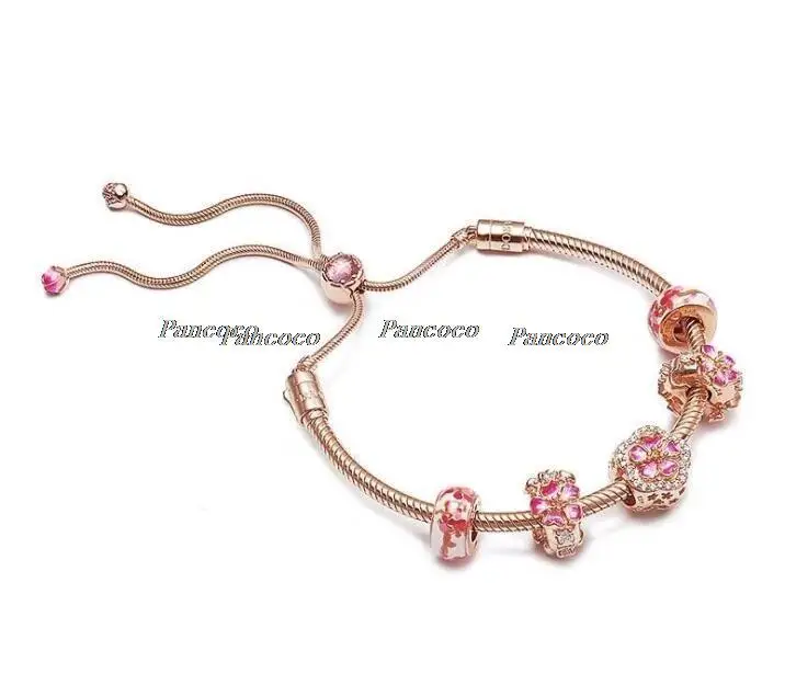 

925 Sterling Silver Beaded Bracelet Openwork Radiant Mix Enamel Rose Peach Blossom Bangle For Women Wedding Fashion Jewelry