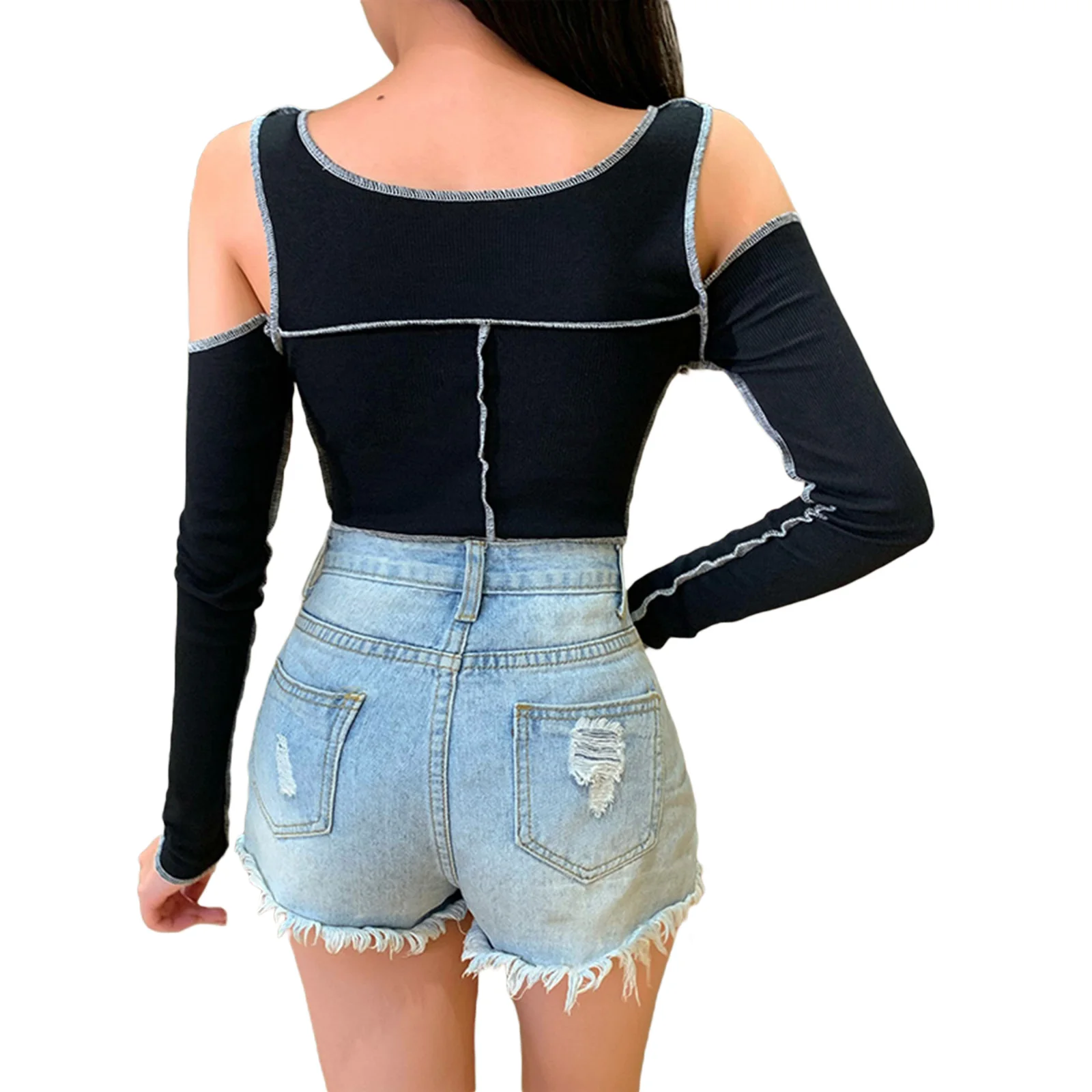 

Women Irregular Crop Top, Adults Sexy Long Sleeve U-shaped Neck Off-shoulder Pullover