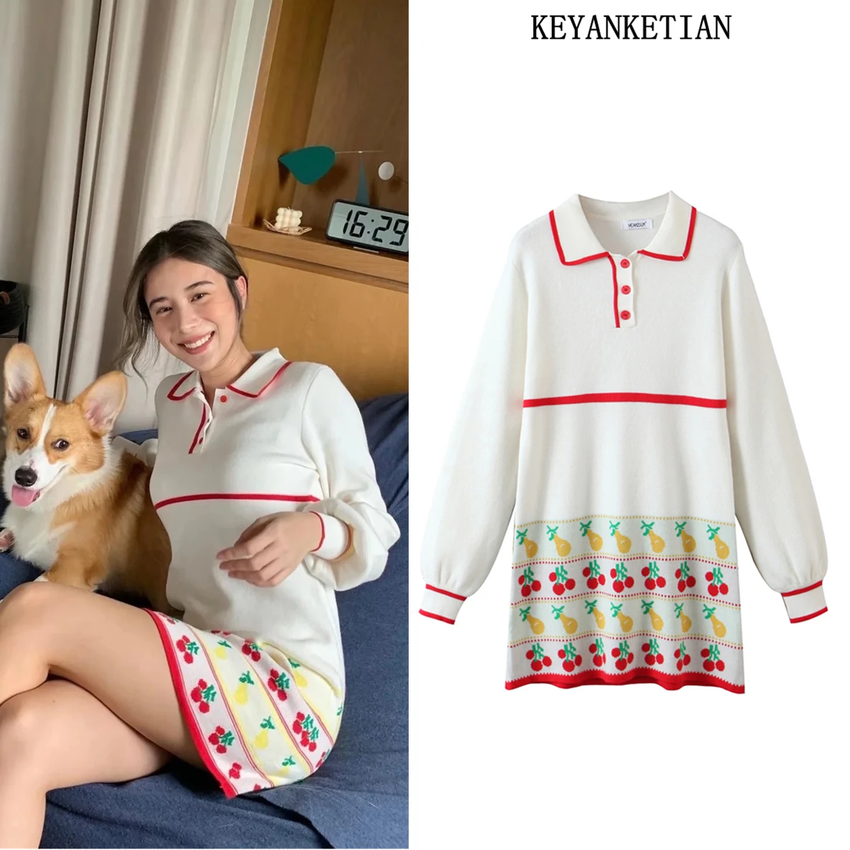 

KEYANKETIAN ZA Women's spring and autumn new cherry fruit embroidery lapel stripe trim small fresh knitted dress