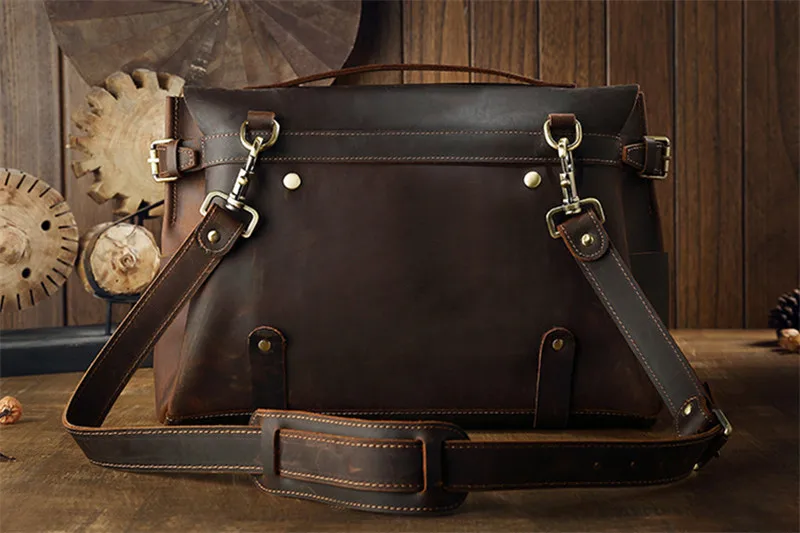 Crazy horse cowhide men's briefcase vintage natural genuine leather messenger bag business casual office work laptop handbag