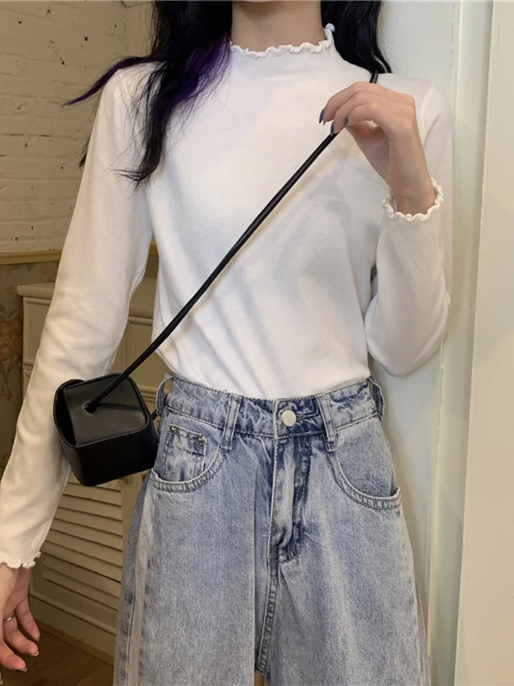 

Fungus Edge Half High Collar White Bottomed Shirt Women's Autumn Clothes 2021 New Style with Long Sleeve Sweater Black Top
