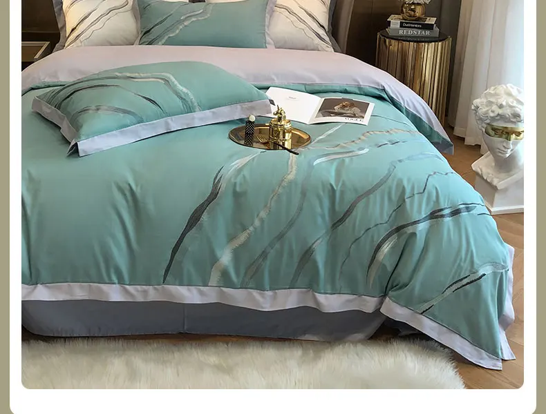 

Luxury 600TC Egyptian Cotton Marbling Embroidery Bedding Set Queen King Duvet Cover Flat/Fitted Sheet Pillowcases Home Textiles