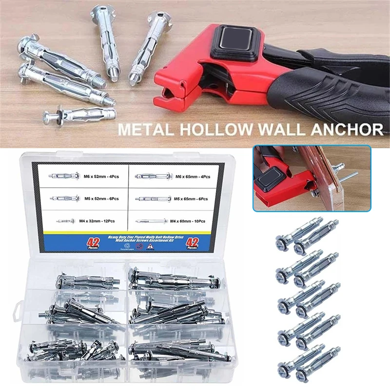 

Newest Heavy Expansion Bolt Set 42 Pcs Zinc Plated Hollow Drive Wall Anchor Screws Set for Drywall Plaster and Tile