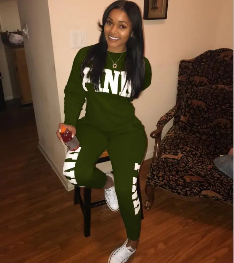 Pink Letter Print 2 Piece Set Women 2018 Long Sleeve Top And Pants Autumn Casual Tracksuit Sweat Suits Sweatshirt Outfit |