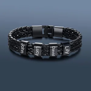 Мужские браслеты Lemegeton, многослойные кожаные браслеты с бусинами, на заказ, с именем семьи, подарок для папы, отца, мужа