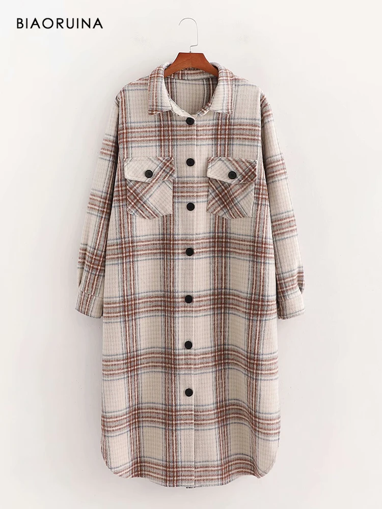 

BIAORUINA 2020 Осень Зима Новинка модная универсальная винтажная шерстяная клетчатая Свободная Повседневная Длинная Куртка уличная Классическа...