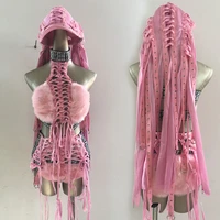pink female singer bar nightclub jazz dj gogo dance costume sexy plush letter bandage split suit hat fashion hip hop rock wear
