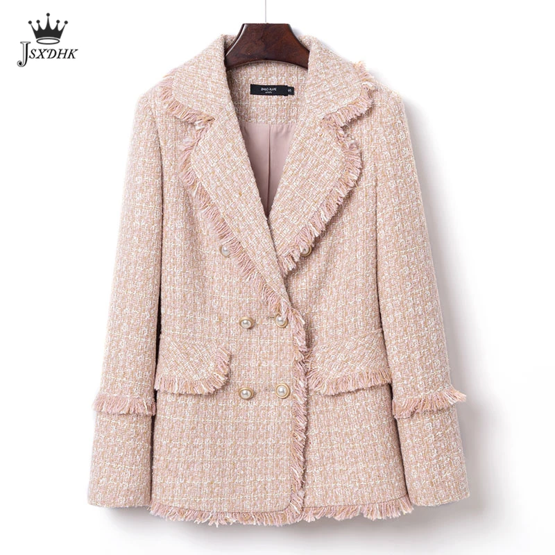 

Autumn&Winter Light Blue Plaid Tweed Suit Jacket Woolen Jackets High-Quality Small Fragrance Top Long Sleeve Ladies Tassels Coat