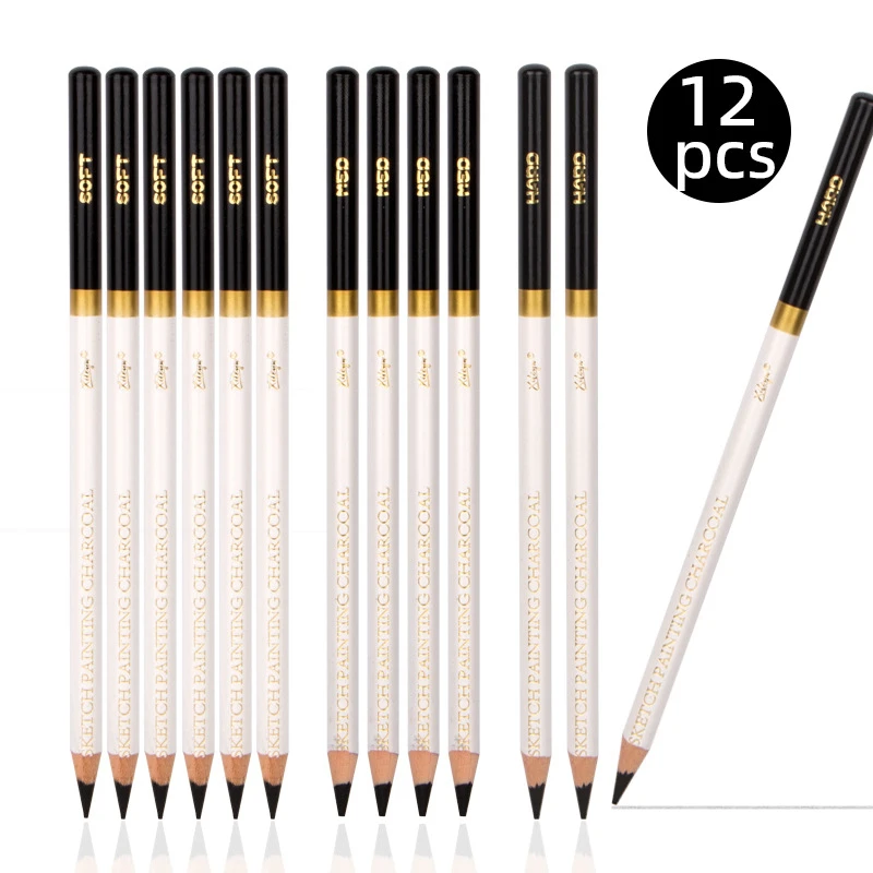 

12 Pcs/Box Sketch Charcoal Set Soft/Medium/Hard Lead Core Drawing Pencils Round Penholder For Art Exam Sketching Supplies