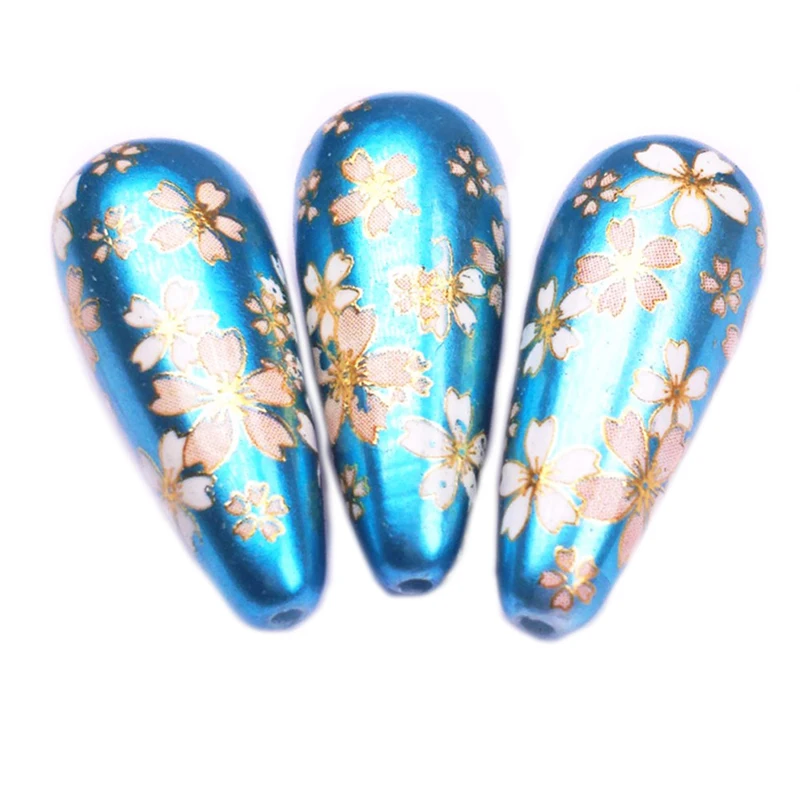 

Aqua Japan Painting Vintage Japanese Colored Drawing Beads Drop the bottom of color Flower Pattern Opaque 13X33mm 10 Pcs/lot