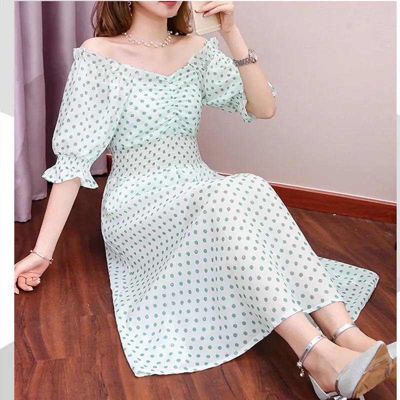 Женские шифоновые платья с оборками в горошек брюки клеш эластичным поясом