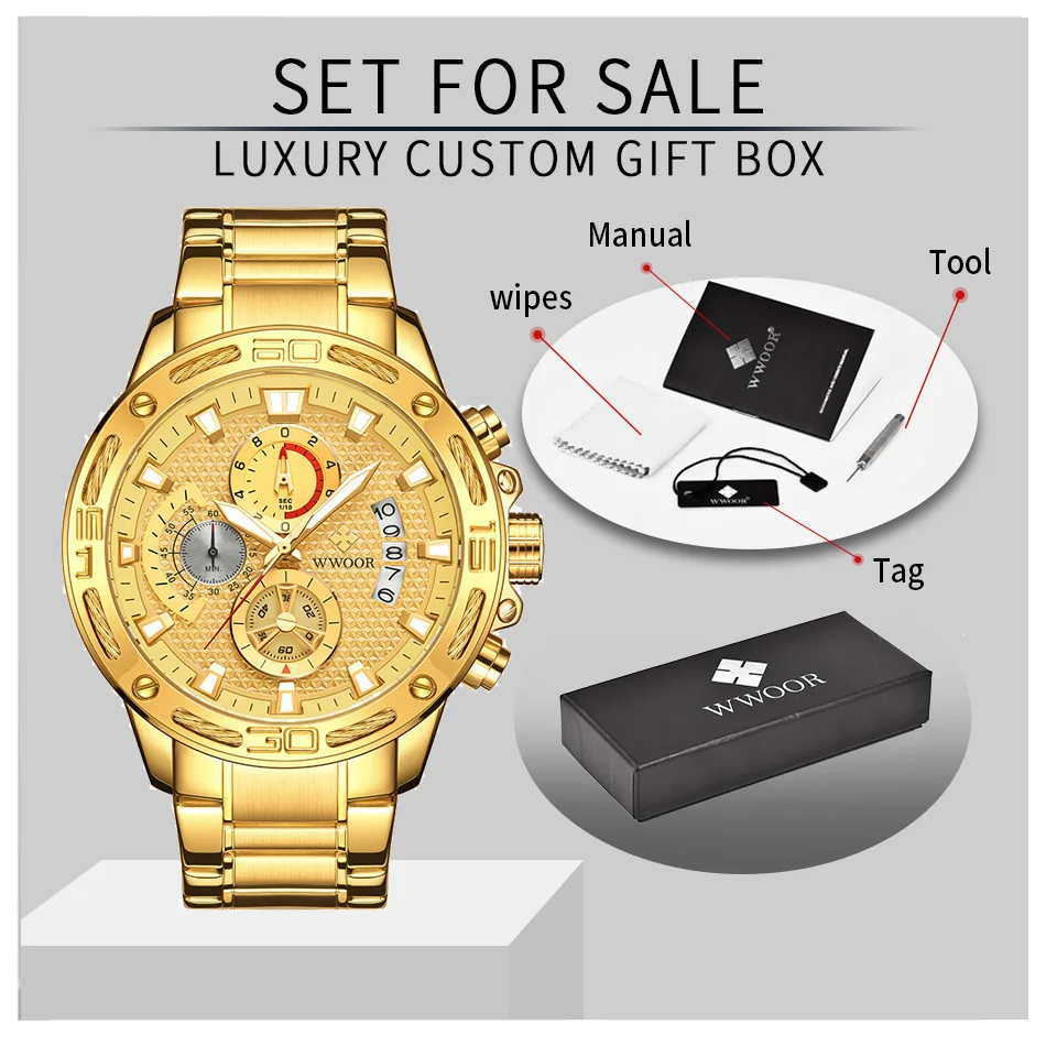 

2021 New Mens Gold Watches WWOOR Top Brand Luxury Military Big Dial Quartz Wristwatch Sport Waterproof Chronograph Fashion Clock