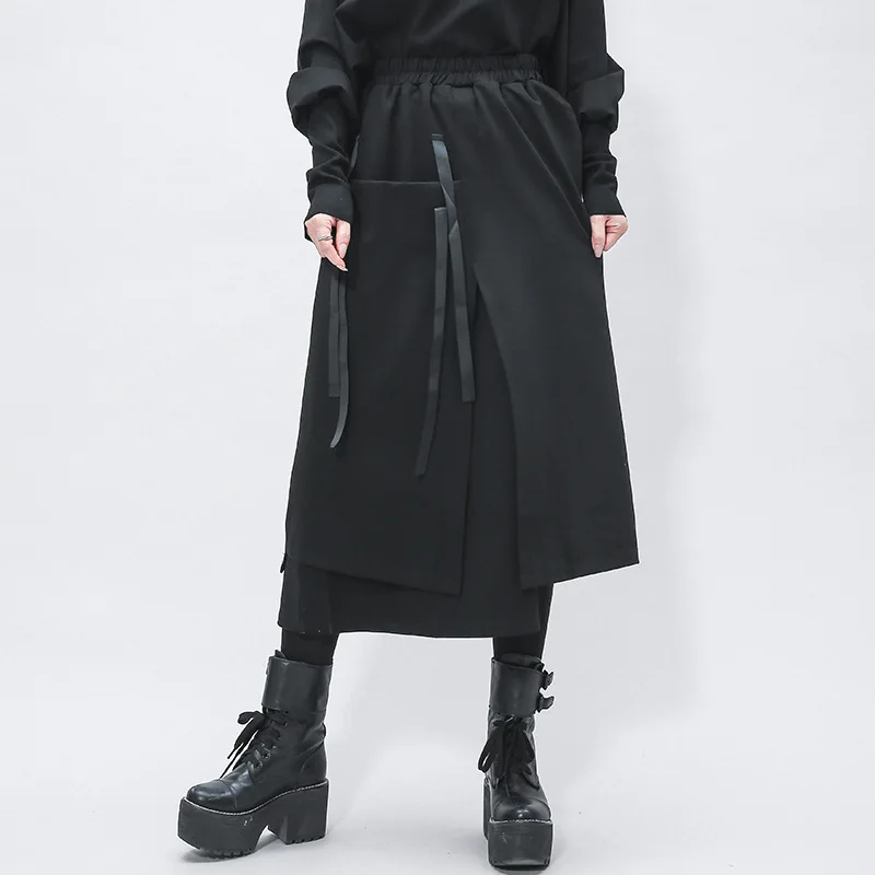 

Юбка Женская Длинная с большими карманами, асимметричная готическая Черная юбка с высоким разрезом, украшенная лентами, весна-осень