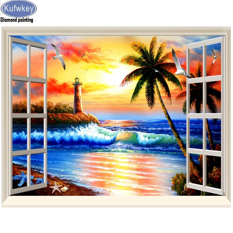 

5D DIY Diamond Painting"sunset beach Window"Diamond Embroidery Full square round Diamond Cross Stitch wall Picture Scenery