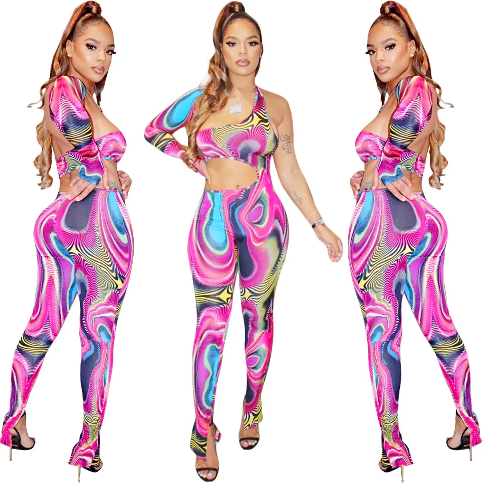 

Wholesale Striped Print Party Club Jumpsuit Women Single Long Sleeve Waist Band Cut Out Overall Fashion Open Back Split Rompers