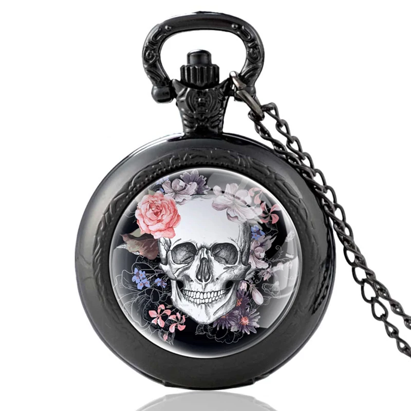 Серебряные кварцевые карманные часы в стиле стимпанк с цветком, черепом, стеклом, кабошоном, винтажные мужские и женские часы с подвеской и ожерельем, подарки
