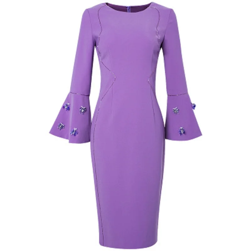 

Fashion Office lady Solid dresses 2020 Autumn Winter casual flared sleeve dress women's patchwork beading luxury O-neck skirt