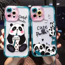 Cute Panda Letters Animal Pattern Camera Protective Phone Case For iPhone 13 12 11 Pro Max X XS XR 7 8 Plus SE 2020 Clear Back