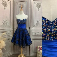 navy blue evening dress short 2021 sweetheart crystal beads lace up knee length formal evening gown for women