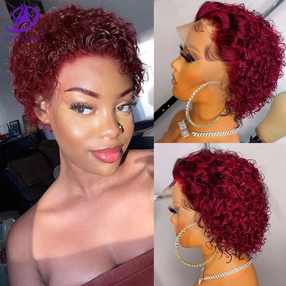 Short Curly Human Hair Wigs 99J Bouncy Curly Pixie Cut Wig BOB Lace Wig Baby Hair Bleached Human Hair Wig For Women 6 8 inch