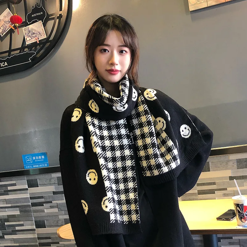 

2021 Korean winter new smiling face scarf female lovely ins wind imitation cashmere knitted wool thickened warm lattice scarf
