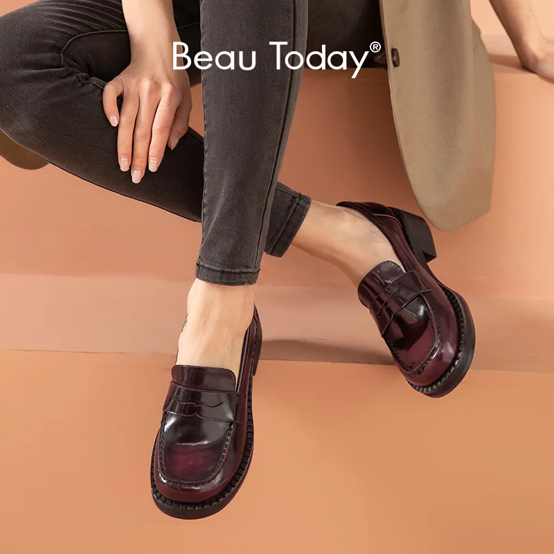 

BeauToday Penny Loafers Women Genuine Cow Leather Uniform Dress Shoes Waxing Round Toe Slip-on JK Ladies Flat Handmade 27744